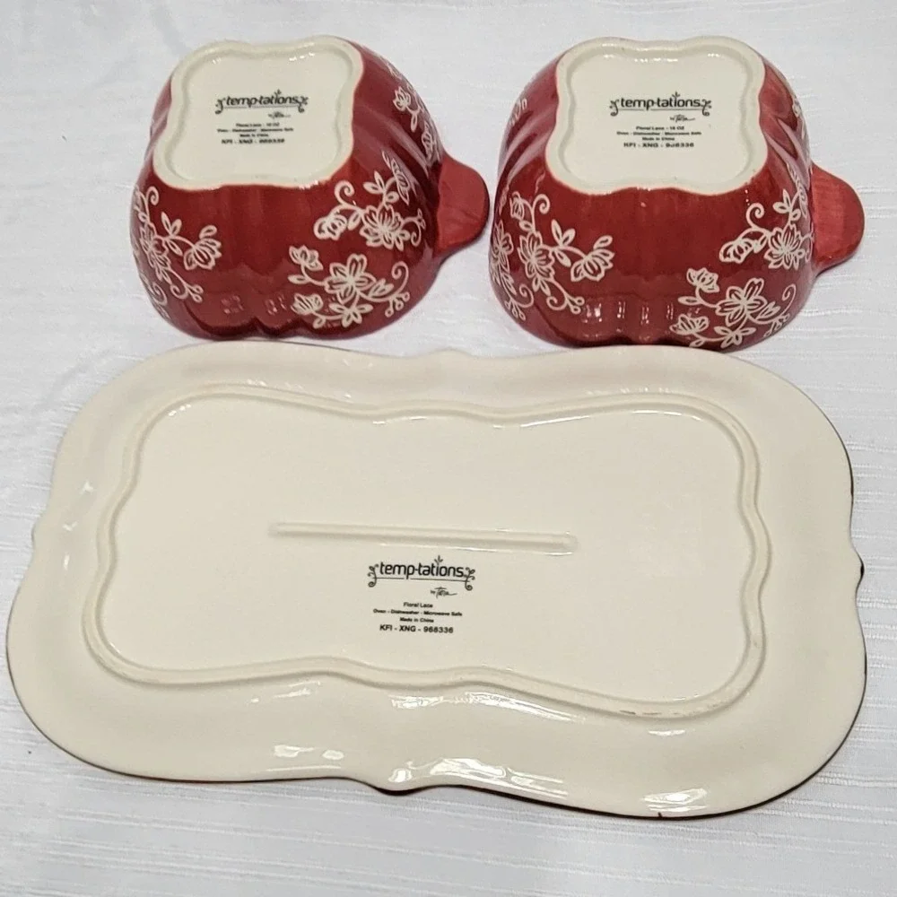 Serving Set Tray and 16oz Bowls Temp-tations Floral Lace Cranberry Red 3pc